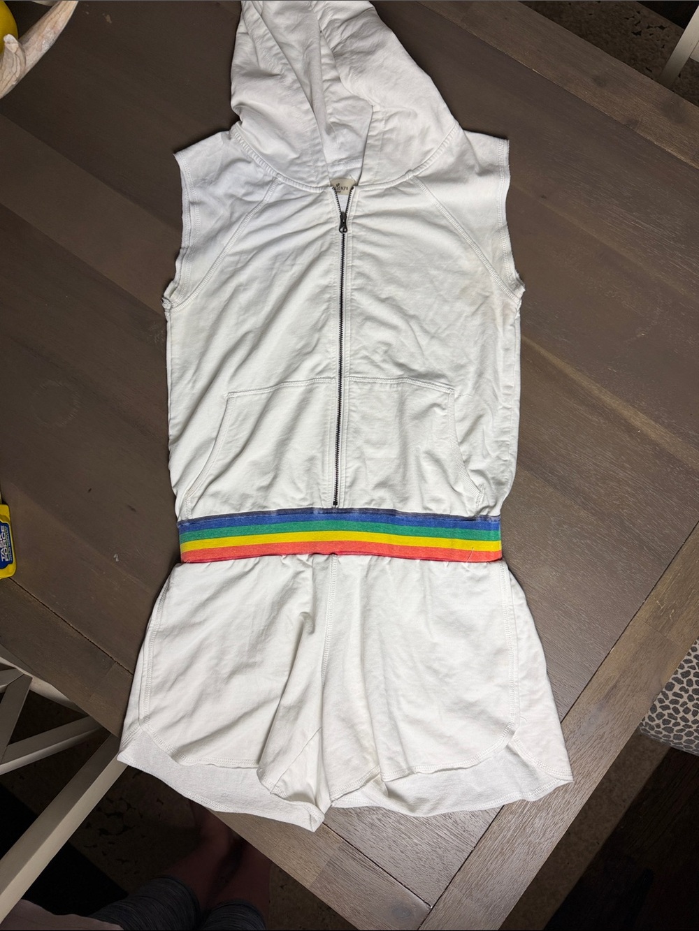 Limited Edition Sunday’s 0ne white Sleeveless Hooded Romper with Rainbow Waistba
